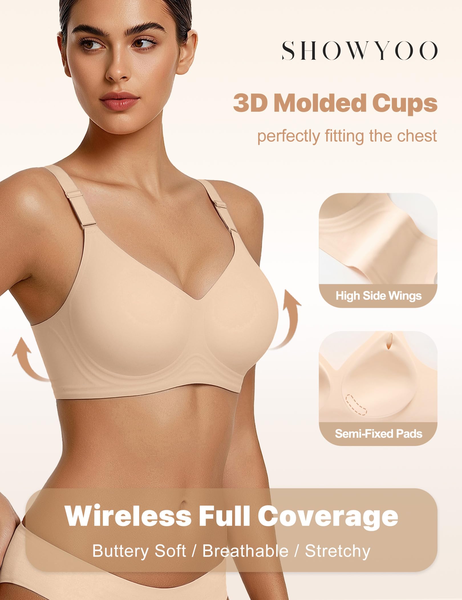 Jelly Bras for Women Wireless Push Up Bra V Neck Seamless Full Coverage Bralette No Underwire Comfy Everyday Bra