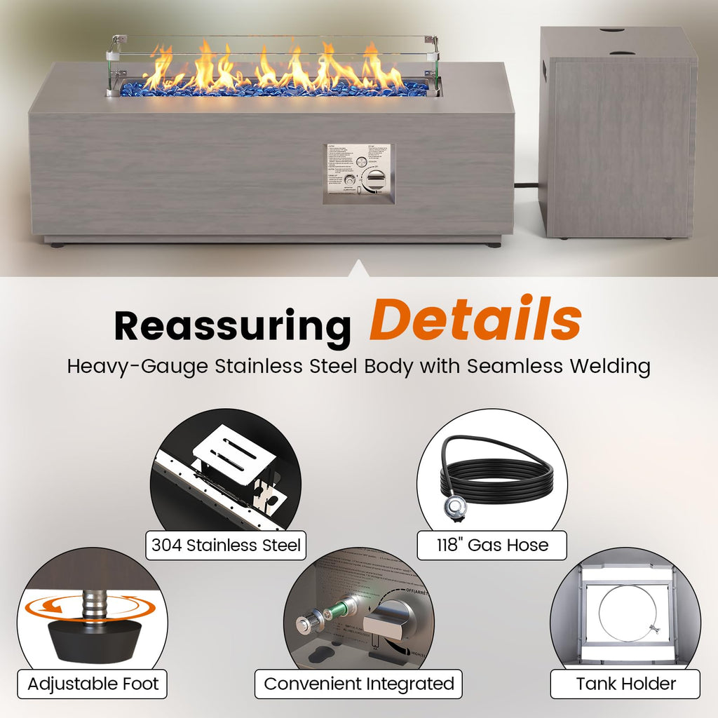 SUNPEAK 42" Modern Fire Pit Table with LED Light 50,000 BTU Deck Fire Pit Table Includes Wind Guard, Lid, Rocks & Cover - Propane Gas Patio Fireplace, Chimenea para Patio (Grey/Golden Light, 42" LED)