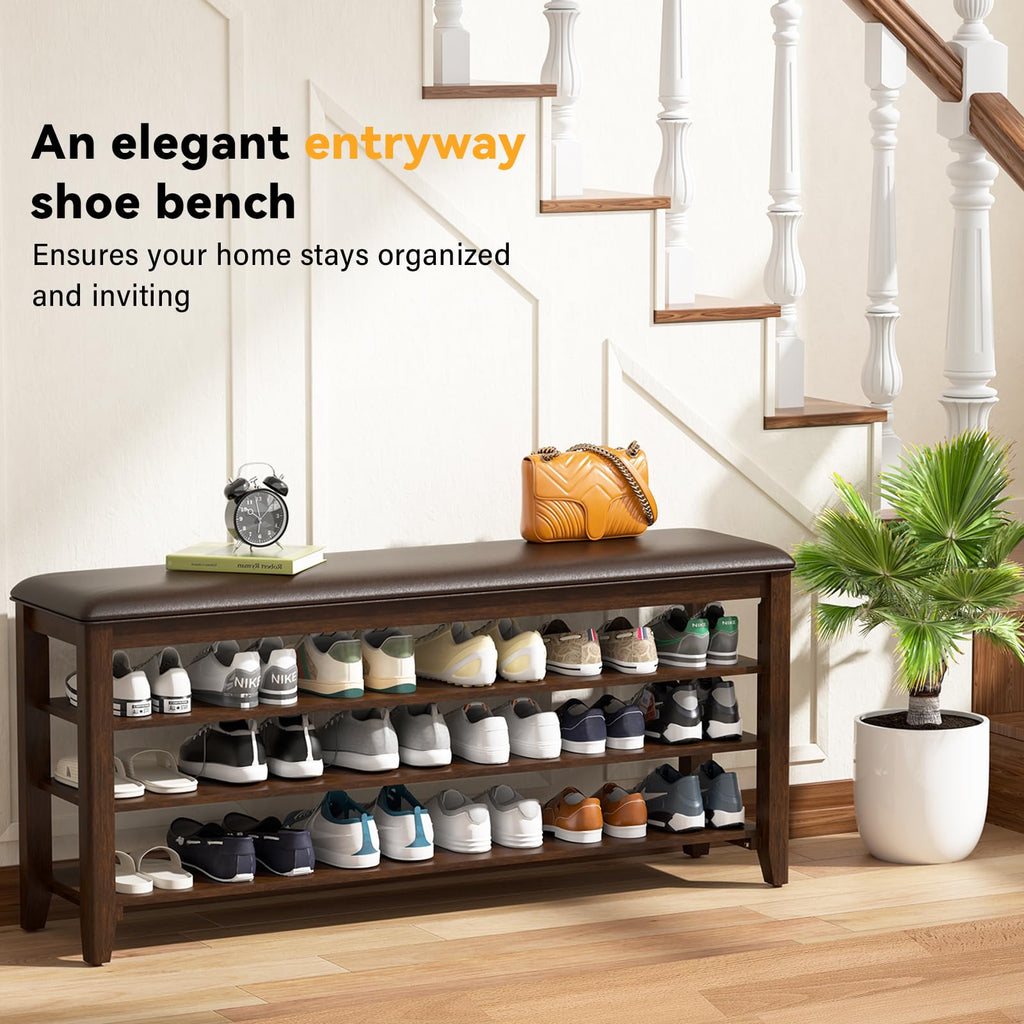 Taitiy Shoe Bench Storage Rubberwood with Leather Cushion for Entryway Bench Ideal for Hallways Shoe Rack Front Doors Entrances Mudrooms Featuring 3 Height-Adjustable and Removable Shelves