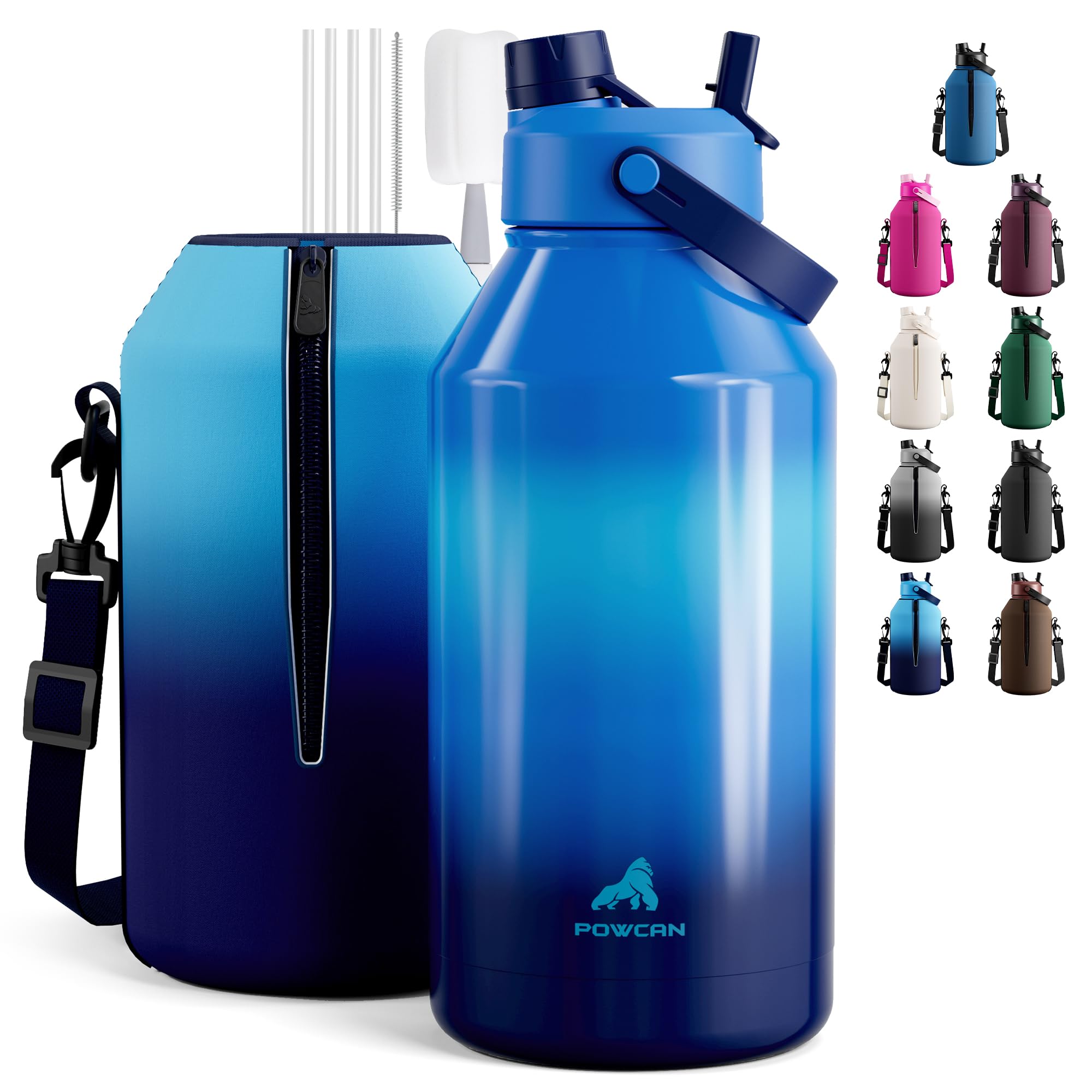 POWCAN 64 oz Insulated Water Bottle for Sports: 2-in-1 Straw & Spout Lid, Leakproof, Carrier Bag, Shoulder Strap, Keep Cold 48H, BPA-Free, Half Gallon Metal Water Jug for Gym, Travel, Gift (Midnight)