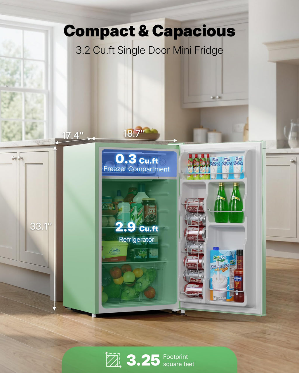 Upstreman 3.2 Cu.Ft Mini Fridge with Freezer, Quiet Efficient Small Fridge, Compact Refrigerator with Adjustable Thermostat, for Dorm, Bedroom, Office, Black-BR321
