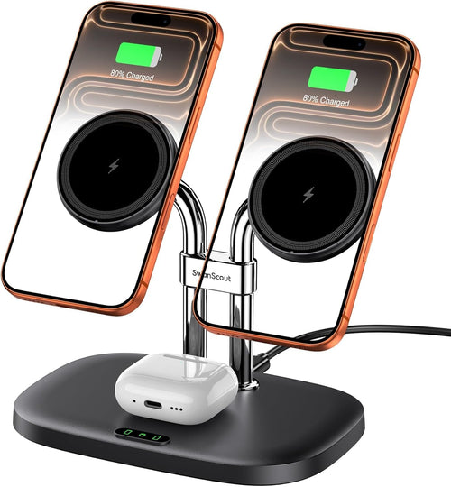 Charging Station for Mag Safe Charger, 3 in 1 Wireless Charger for iPhone Air/17/16/15/14/13/12 Series, for Apple Watch & Air Pods, SwanScout 707M (No Adapter)