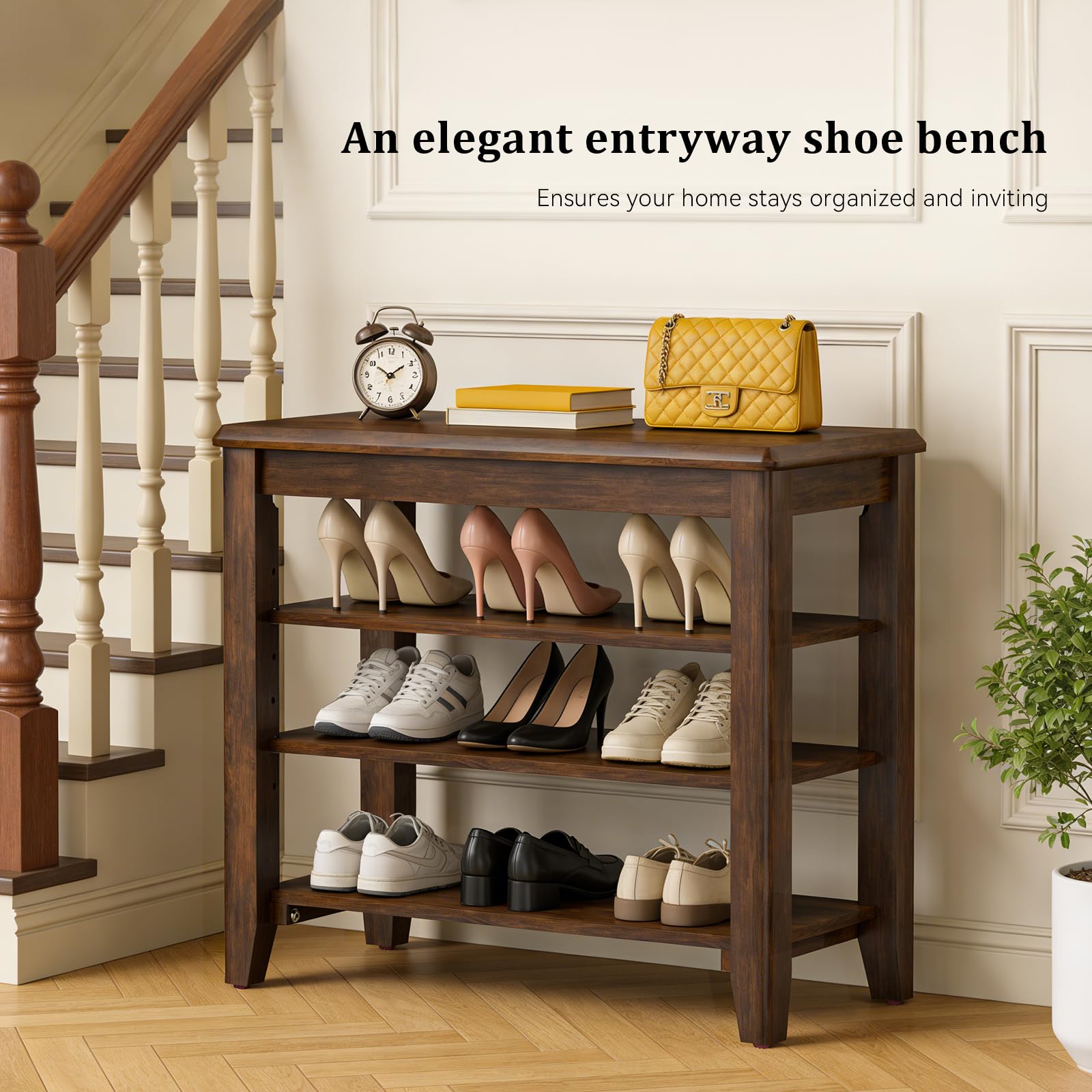 Taitiy Shoe Bench Storage Rubberwood with Leather Cushion for Entryway Bench Ideal for Hallways Shoe Rack Front Doors Entrances Mudrooms Featuring 3 Height-Adjustable and Removable Shelves