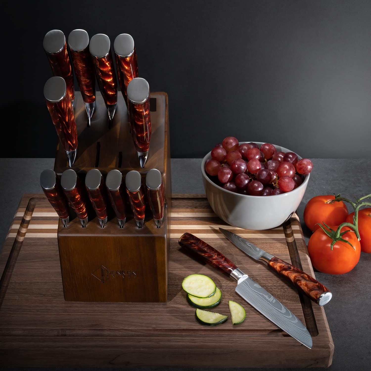 SENKEN 16-Piece Knife Block Set - Japanese High Carbon Stainless Steel with Damascus Pattern, Dark Wood Handles, 6 Steak Knives & Acacia Hardwood Block (Brown)