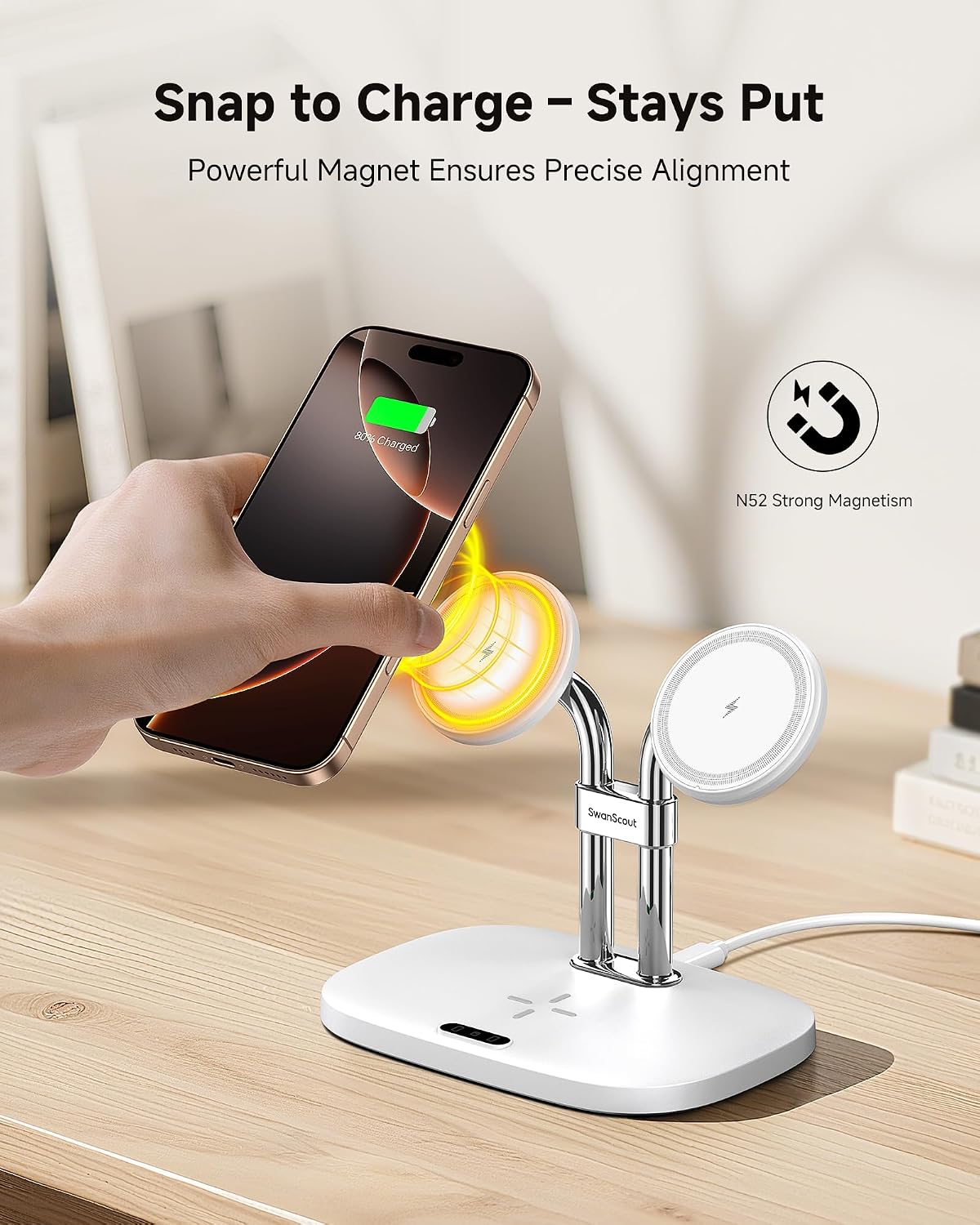 Charging Station for Mag Safe Charger, 3 in 1 Wireless Charger for iPhone Air/17/16/15/14/13/12 Series, for Apple Watch & Air Pods, SwanScout 707M (No Adapter)