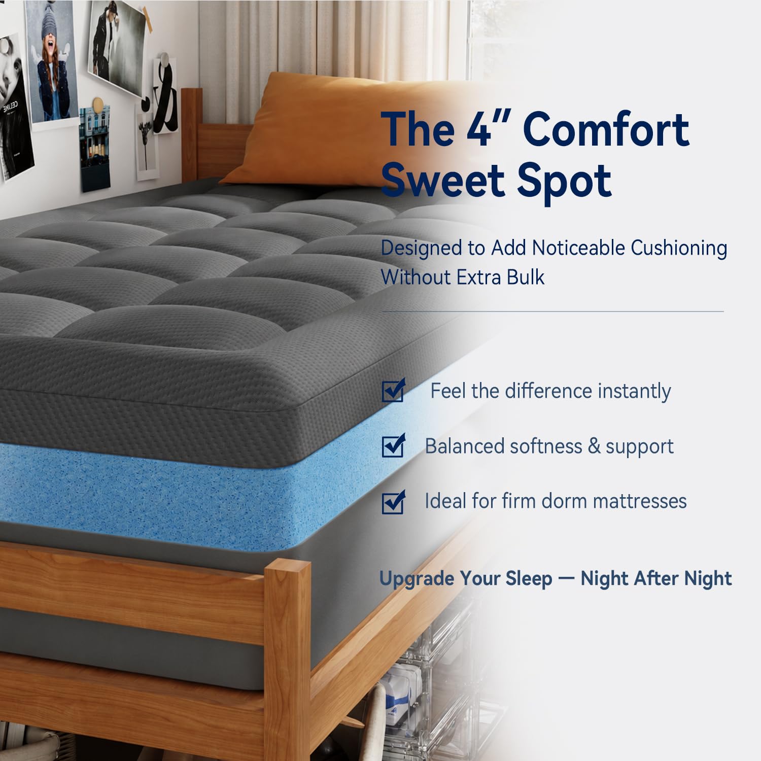 ELEMUSE Twin XL Dorm Dual Layer 3 Inch Memory Foam Mattress Topper for College, Dorm Room Essentials, 2 Inch Cooling Gel Foam and 1 Inch Soft Pillow Top Bed Pad,Back to School Comfortable Support