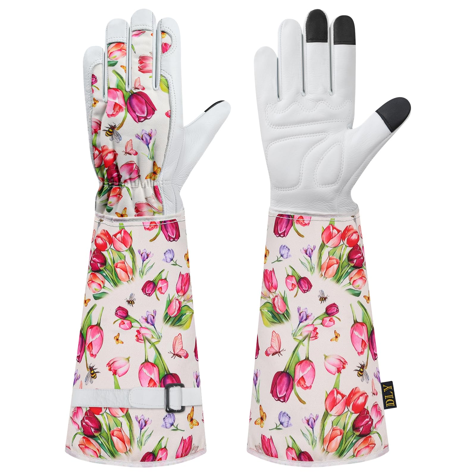 DLY Garden Gloves for Women,Gardening Gloves,Gardening Gift for Lady,Blue,M | Thornproof Cowhide Palm, Foam-Padded Grip, Long Sunflower Print Cuff, 3-Finger Touchscreen, Rose Pruning, Weeding & Yard Work
