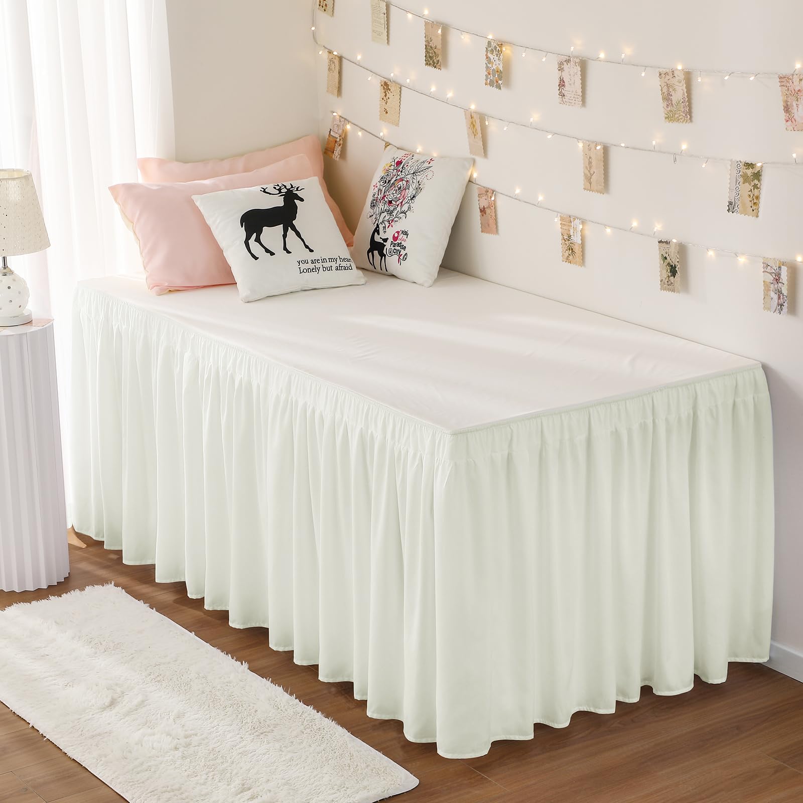 RIMELA Dorm Bed Skirt Twin XL 32 Inch Drop, Easy to Install Extra Long Wrap Around Elastic Dust Ruffle, White Bedskirt Solid Silky Fabric Machine Washable, Bedroom Decor