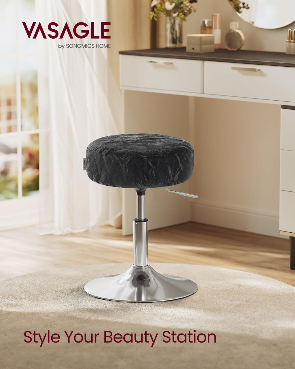 VASAGLE Adjustable Bar Stool, 360° Swivel, PU Leather, Thick Cushion, for Kitchen, Dining Room Bedroom, Modern, Cream White | LJB120W01 Dressing Chair Stool Stool Bedroom Kitchen Dining Room Modern White