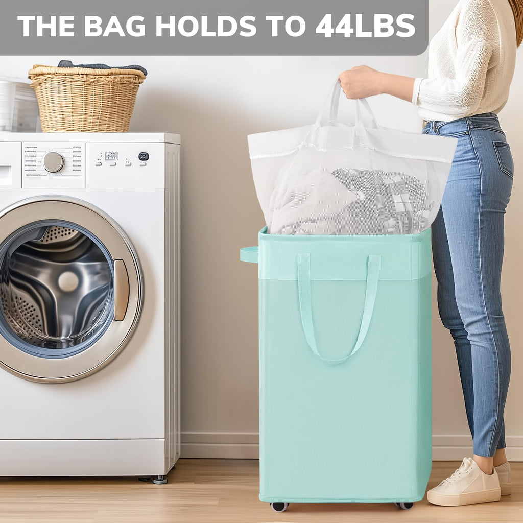 Goodpick Pink Laundry Basket with Wheels, Dorm Room Essentials for Girls, 75L Collapsible Laundry Basket, Laundry Hamper with Handle for College Dorm