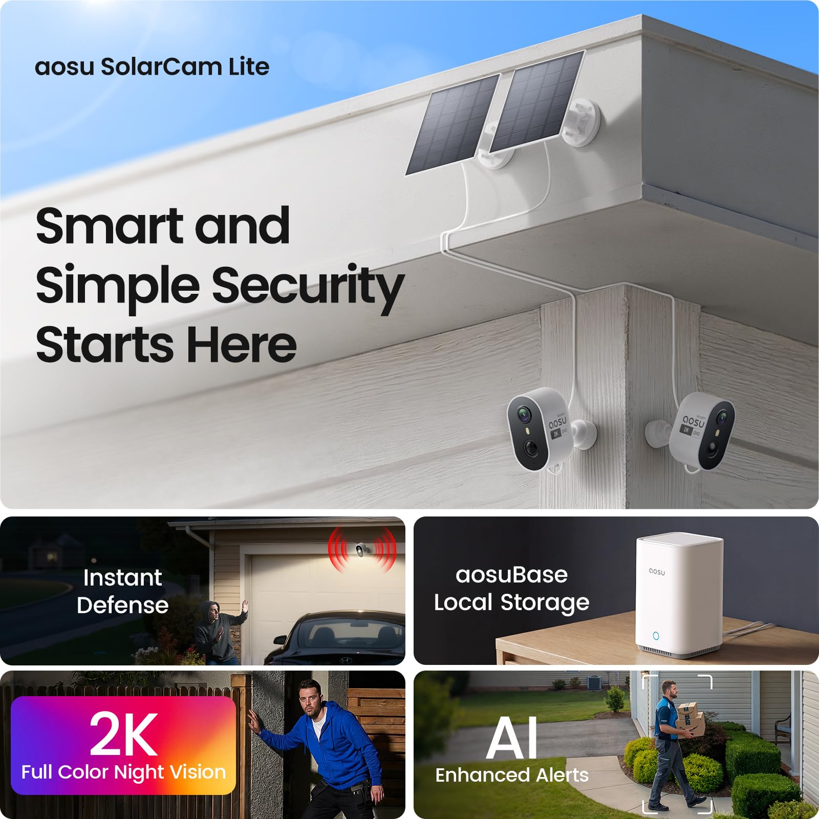 aosu Solar Security Cameras Wireless Outdoor, 2K HD Home Security Camera System, PIR + AI Human Detection, Color Night Vision, Easy to Set Up, Local Storage, No Subscription Required, 4-Cam Kit