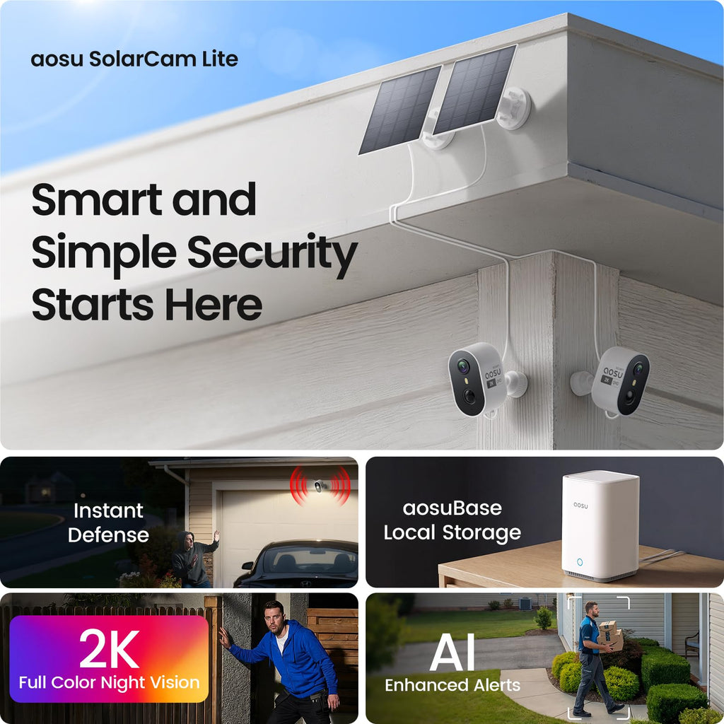 aosu Solar Security Cameras Wireless Outdoor, 2K HD Home Security Camera System, PIR + AI Human Detection, Color Night Vision, Easy to Set Up, Local Storage, No Subscription Required, 4-Cam Kit