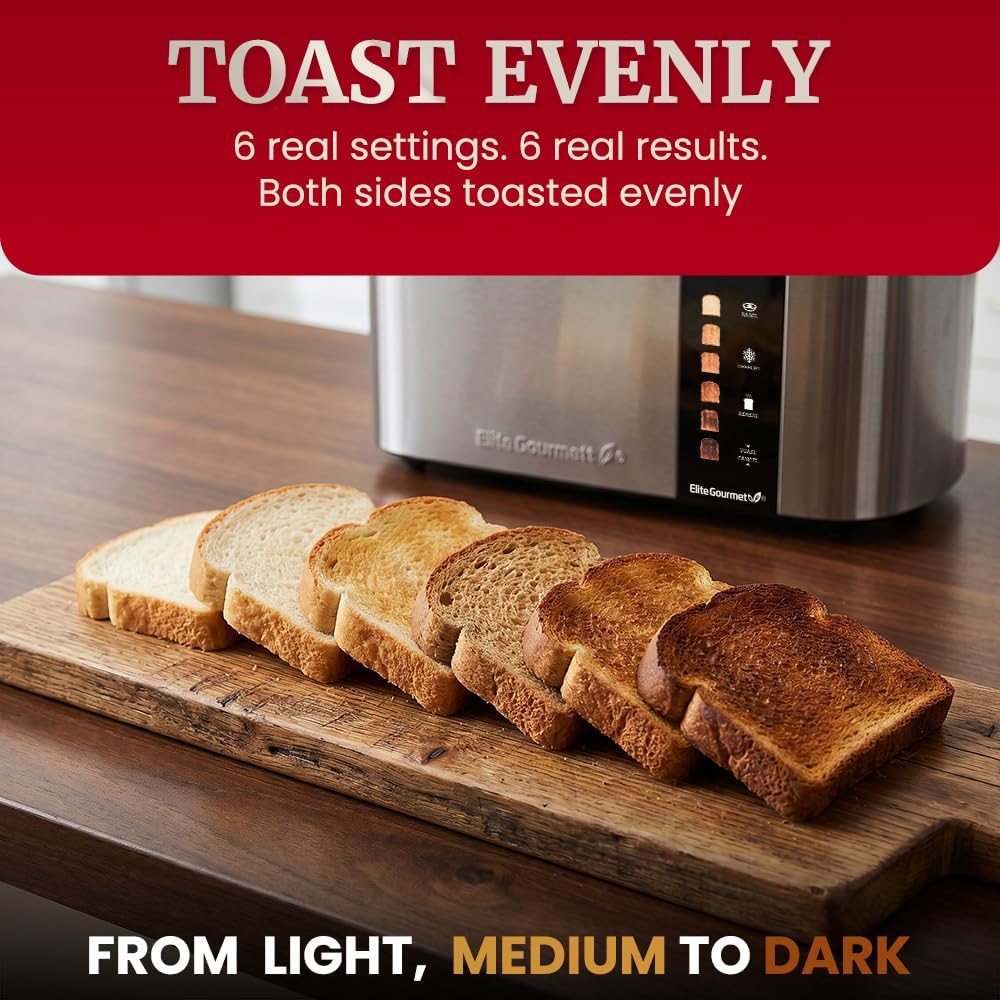 Elite Gourmet ECT5500 4-Slice Long Slot Toaster, Fully Automatic Motorized, Stainless Steel Digital Touchscreen, Extra-Wide Slots, 6 Browning Levels, Bagel, Defrost & Reheat