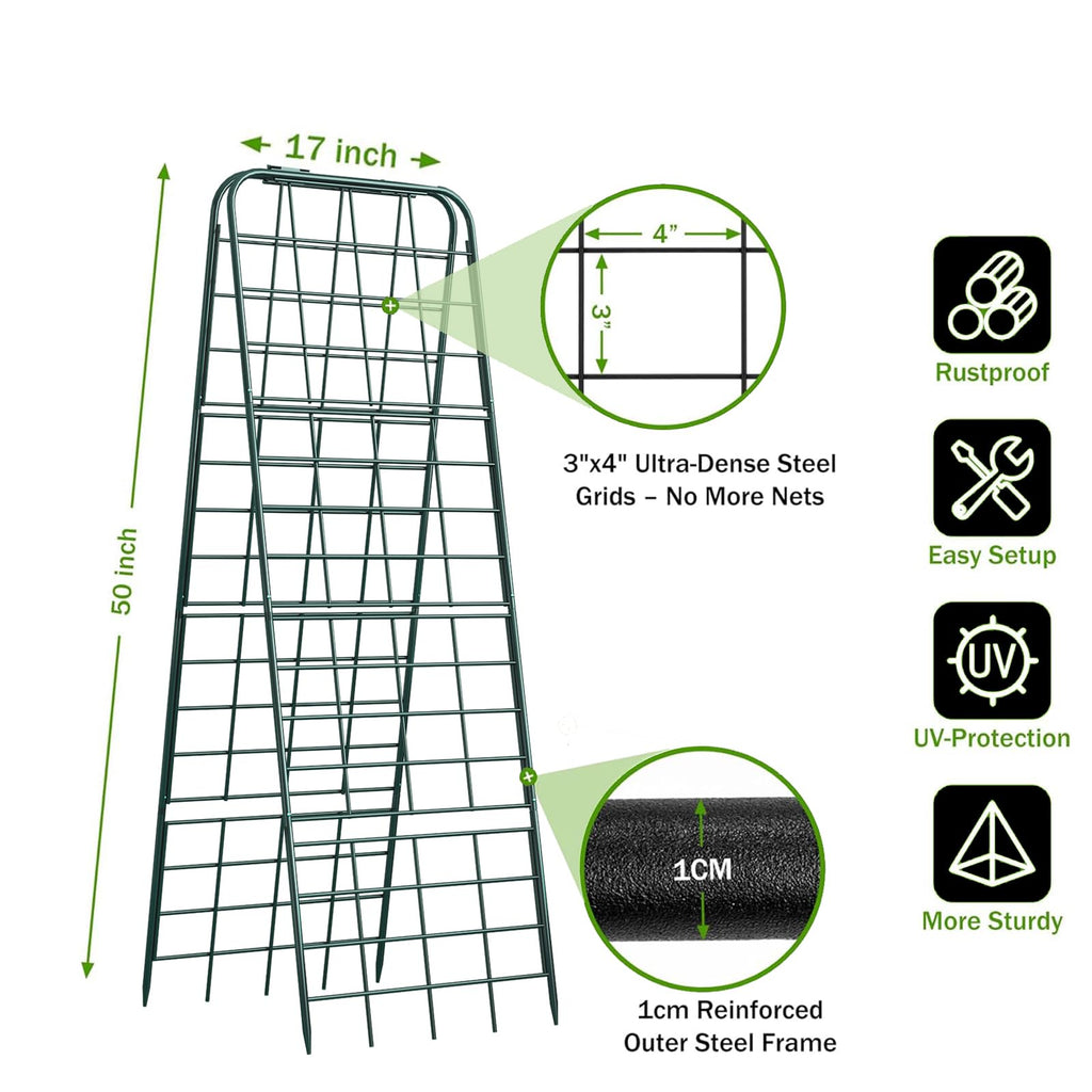 Heavy Duty 50"x17" Adjustable A-Frame Trellis for Climbing Plants – Rust-Proof Metal Garden Trellis with Dense Grid Design, Perfect for Raised Beds, Tomatoes, Cucumbers & Outdoor Vines (Black, 2 Pcs)