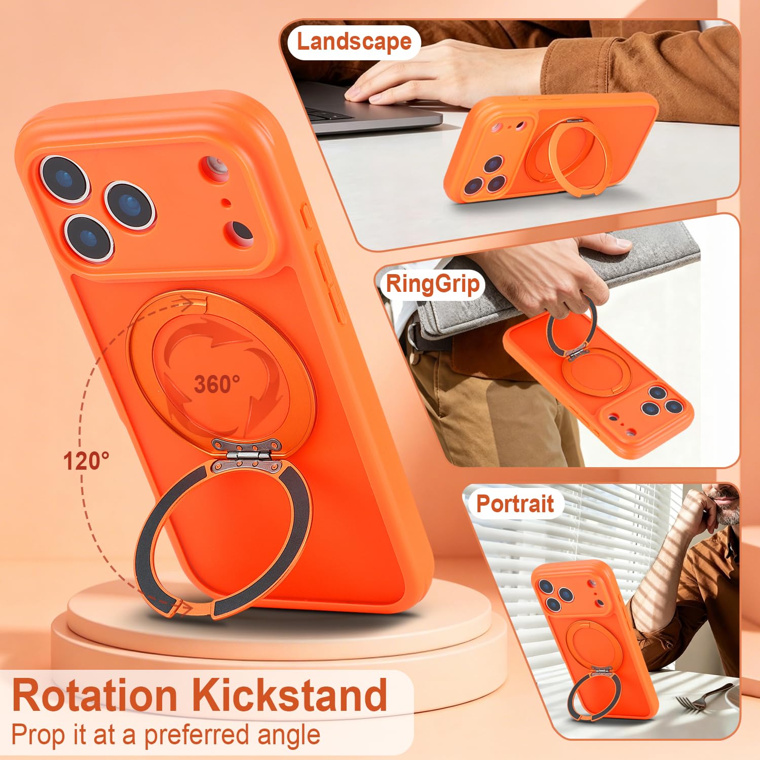 for iPhone 17 Pro Max Case Compatible with MagSafe Full-Body Magnetic Phone Case with Built-in Tempered Glass Screen Protector& Stand for iPhone17 Pro Max Cover, Orange