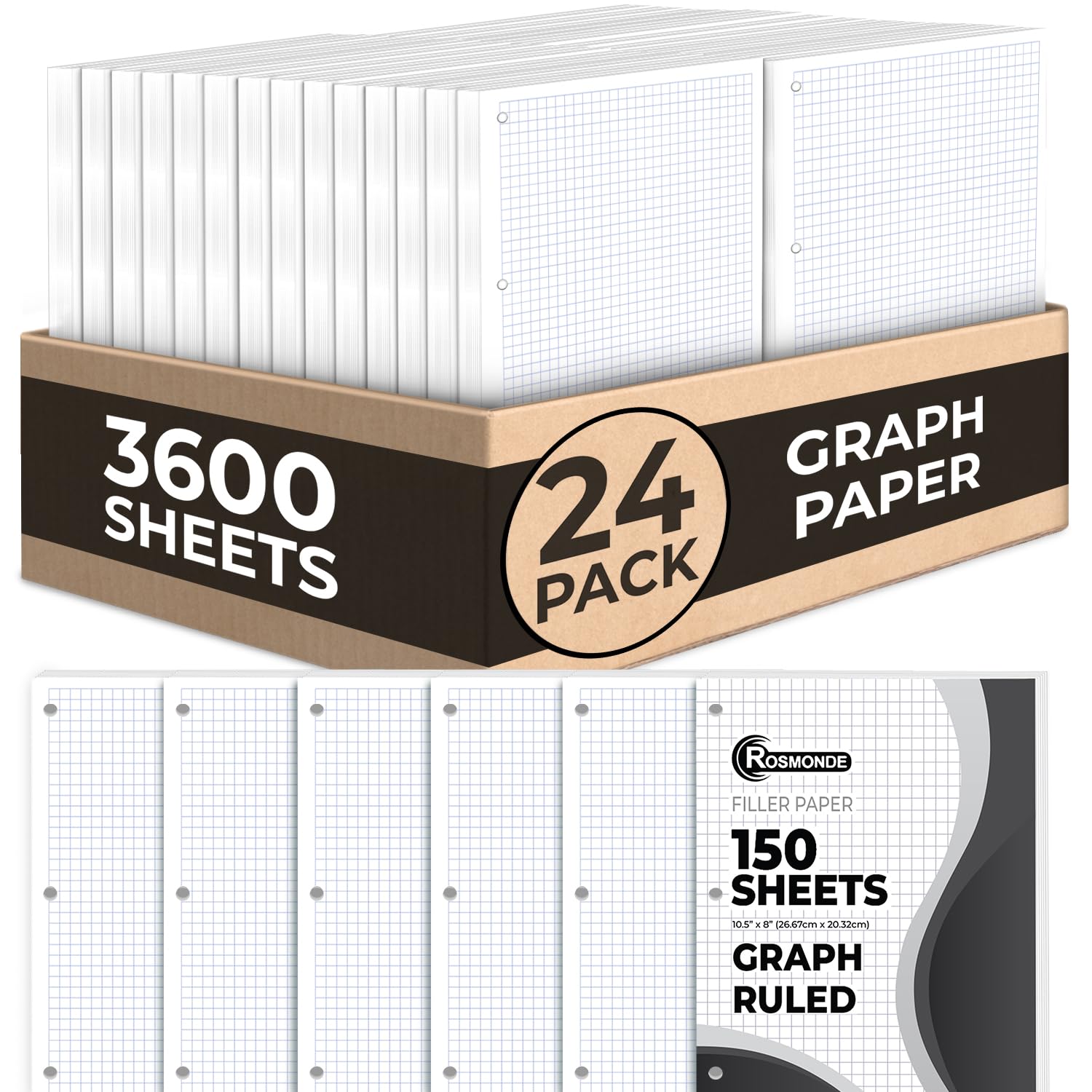 Rosmonde Loose Leaf Paper, 450 Sheets, 3 Pack, College Ruled Paper, 8" x 10.5", Bulk Office Filler Paper, 3 Hole Punched, 150 Sheets/Pack, 56 gsm Paper, College Ruled Notebook Paper for Binder, White | Bulk Office Filler Paper, 8" x 10.5", 3 Hole Punched,