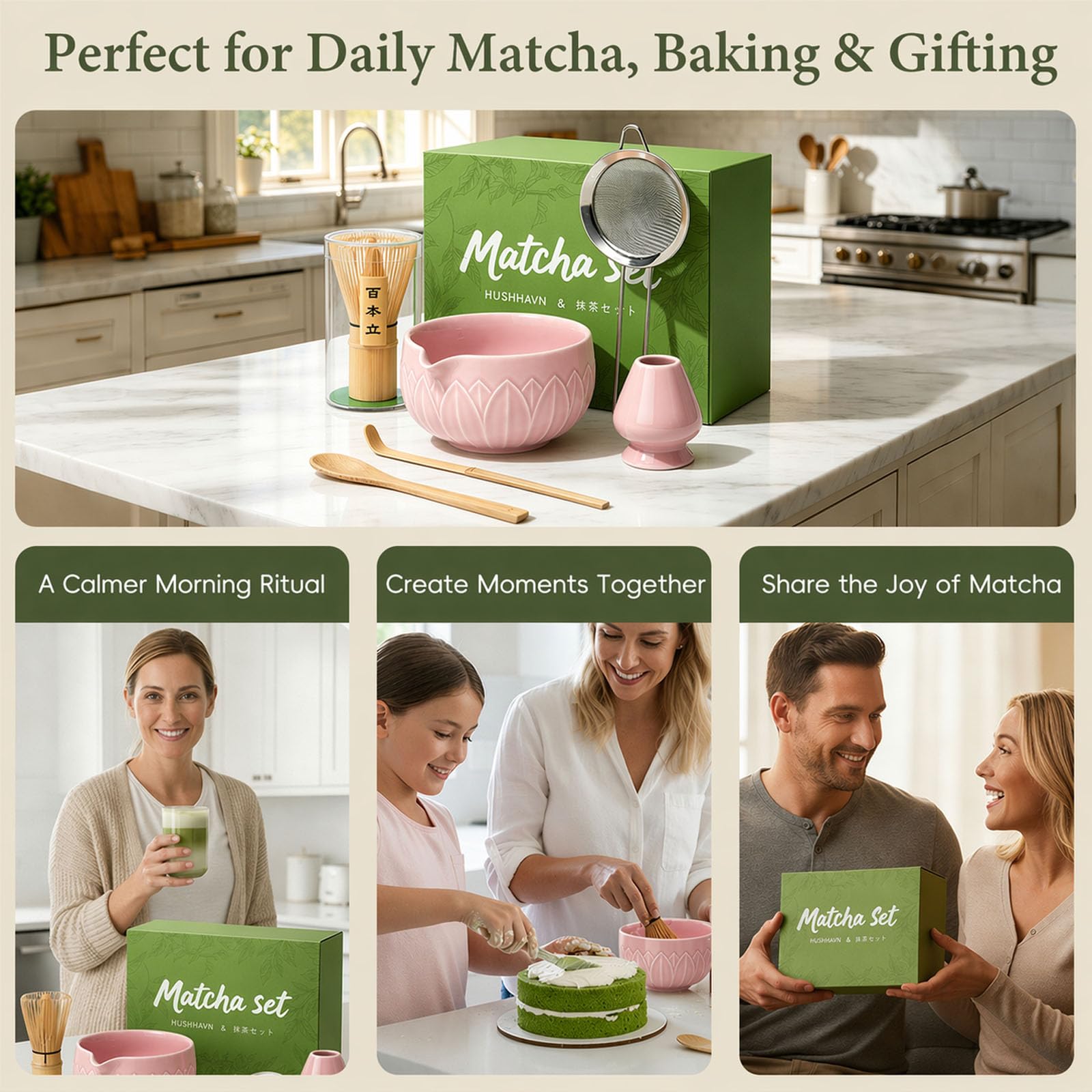 Matcha Whisk Set, Ceramic Matcha Set Includes Bowl & Holder, Bamboo Whisk (Chasen), Scoop, Spoon and Sifter, 6PCS Matcha Kit Covers Everything Needed for Making Matcha (Green)
