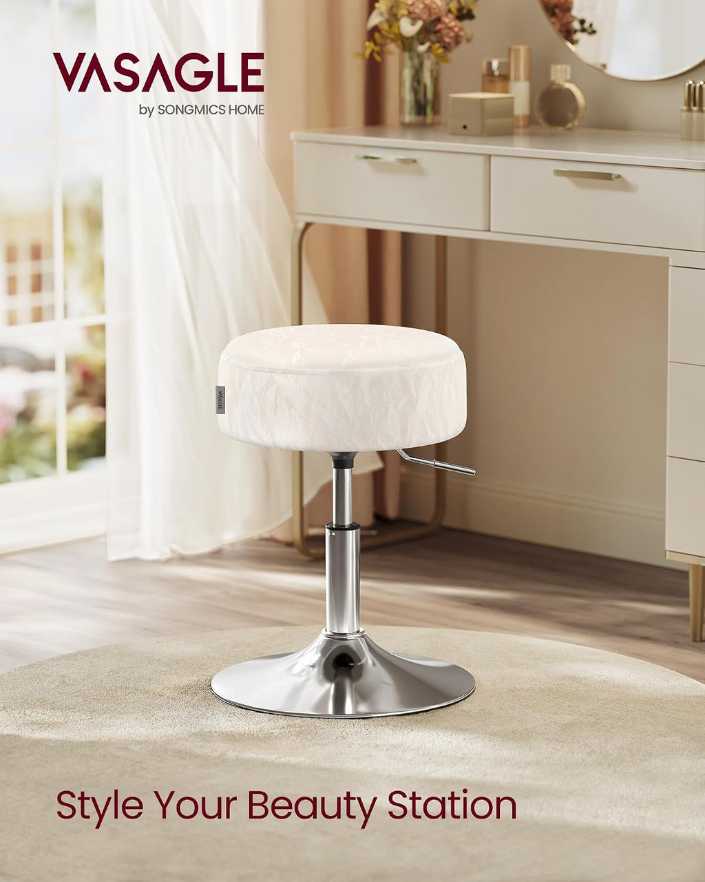 VASAGLE Adjustable Bar Stool, 360° Swivel, PU Leather, Thick Cushion, for Kitchen, Dining Room Bedroom, Modern, Cream White | LJB120W01 Dressing Chair Stool Stool Bedroom Kitchen Dining Room Modern White