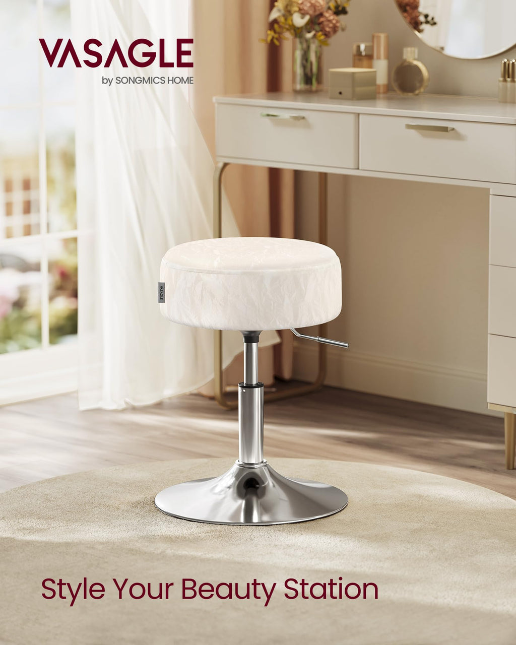 VASAGLE Adjustable Bar Stool, 360° Swivel, PU Leather, Thick Cushion, for Kitchen, Dining Room Bedroom, Modern, Cream White | LJB120W01 Dressing Chair Stool Stool Bedroom Kitchen Dining Room Modern White