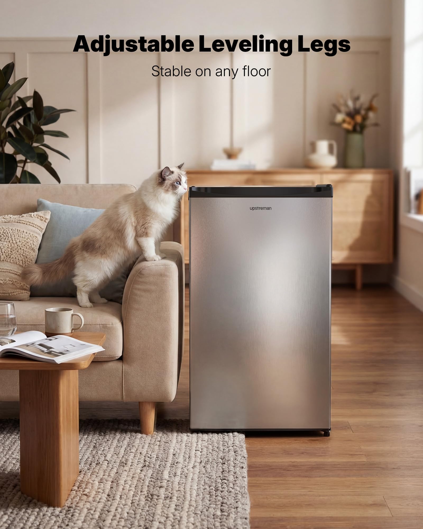 Upstreman 3.2 Cu.Ft Mini Fridge with Freezer, Quiet Efficient Small Fridge, Compact Refrigerator with Adjustable Thermostat, for Dorm, Bedroom, Office, Black-BR321
