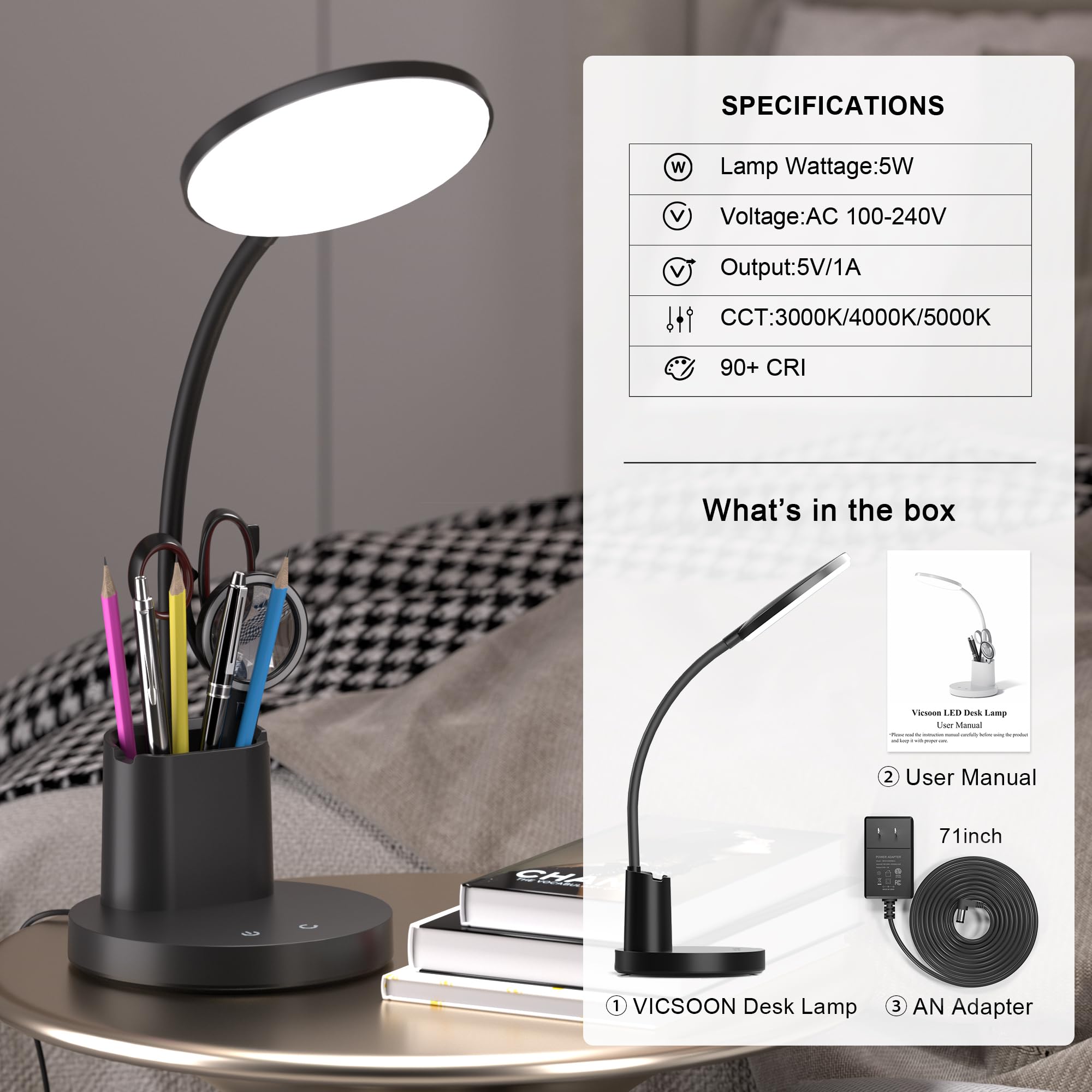 LED Desk Lamp with Wireless Charger for Home Office, Black | 3 Color Modes Dimmable Eye-Caring Study Desk Light for College Dorm Room, 360° Flexible Arm, Built-in Pen Holder, 800 Lumen