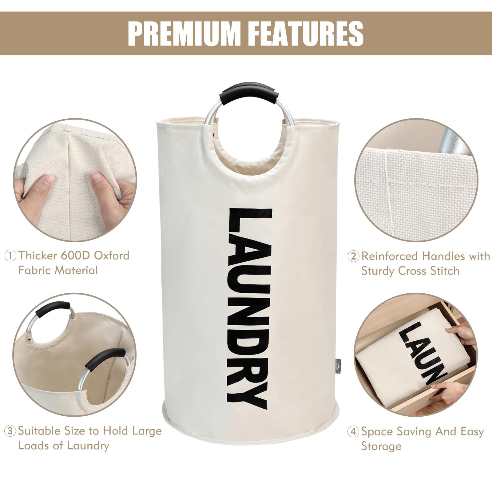 DOKEHOM 90L Large Laundry Basket, Collapsible Laundry Bag, Black | Freestanding tall clothes hamper & foldable washing bin. High-capacity clothes storage basket with durable sturdy handles