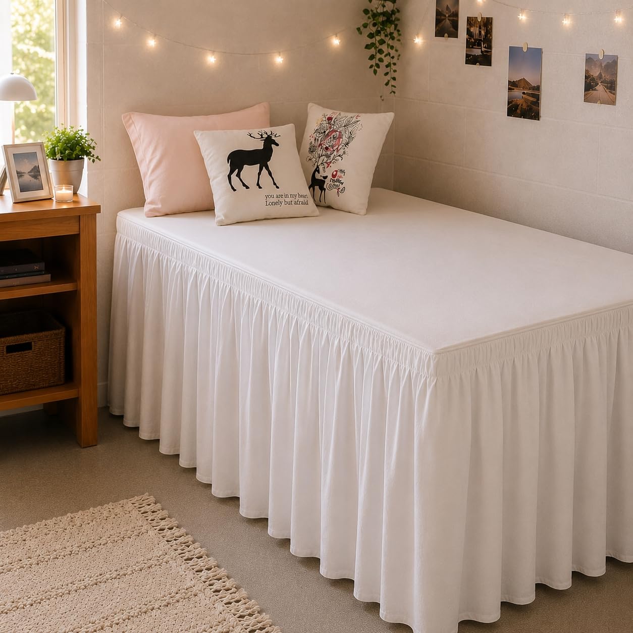 RIMELA Dorm Bed Skirt Twin XL 32 Inch Drop, Easy to Install Extra Long Wrap Around Elastic Dust Ruffle, White Bedskirt Solid Silky Fabric Machine Washable, Bedroom Decor