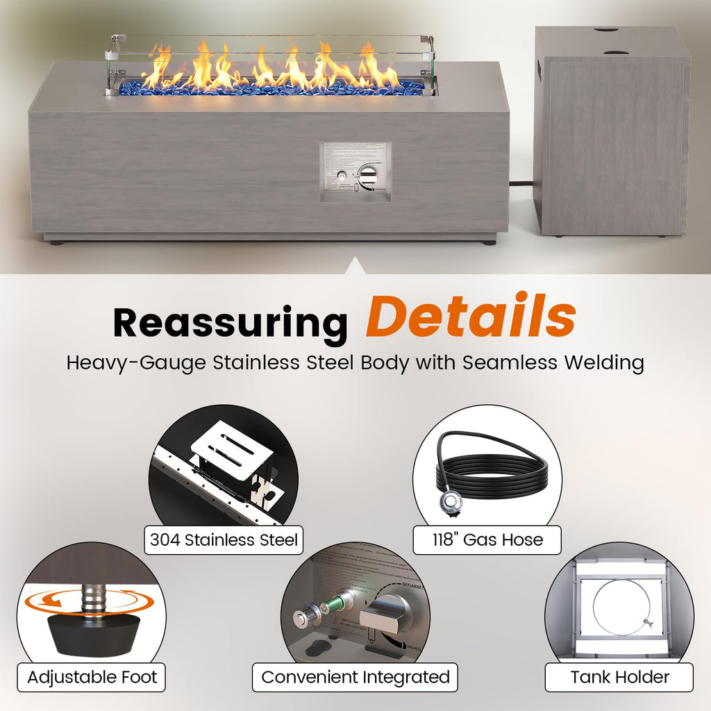 SUNPEAK 42" Modern Fire Pit Table with LED Light 50,000 BTU Deck Fire Pit Table Includes Wind Guard, Lid, Rocks & Cover - Propane Gas Patio Fireplace, Chimenea para Patio (Grey/Golden Light, 42" LED)