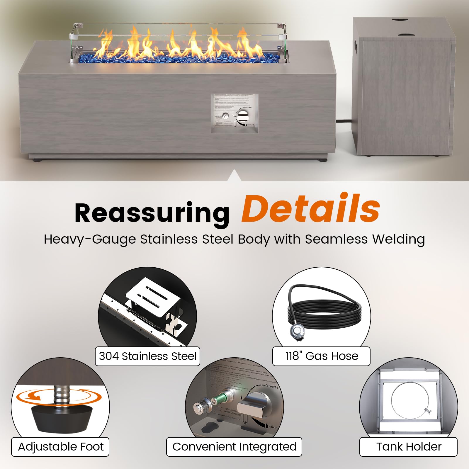 SUNPEAK 42" Modern Fire Pit Table with LED Light 50,000 BTU Deck Fire Pit Table Includes Wind Guard, Lid, Rocks & Cover - Propane Gas Patio Fireplace, Chimenea para Patio (Grey/Golden Light, 42" LED)