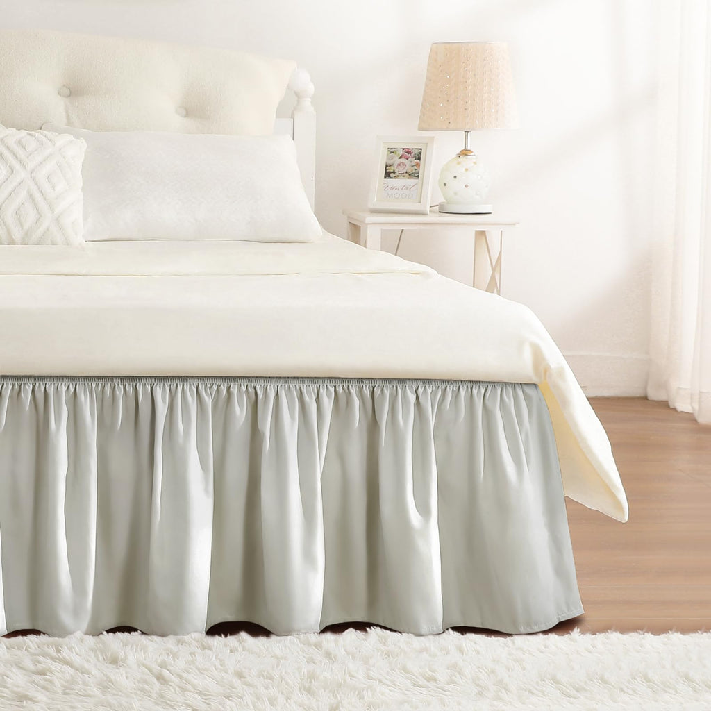 RIMELA Dorm Bed Skirt Twin XL 32 Inch Drop, Easy to Install Extra Long Wrap Around Elastic Dust Ruffle, White Bedskirt Solid Silky Fabric Machine Washable, Bedroom Decor