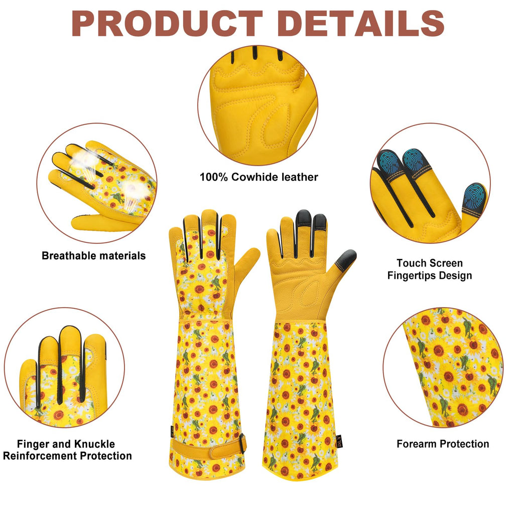 DLY Garden Gloves for Women,Gardening Gloves,Gardening Gift for Lady,Blue,M | Thornproof Cowhide Palm, Foam-Padded Grip, Long Sunflower Print Cuff, 3-Finger Touchscreen, Rose Pruning, Weeding & Yard Work