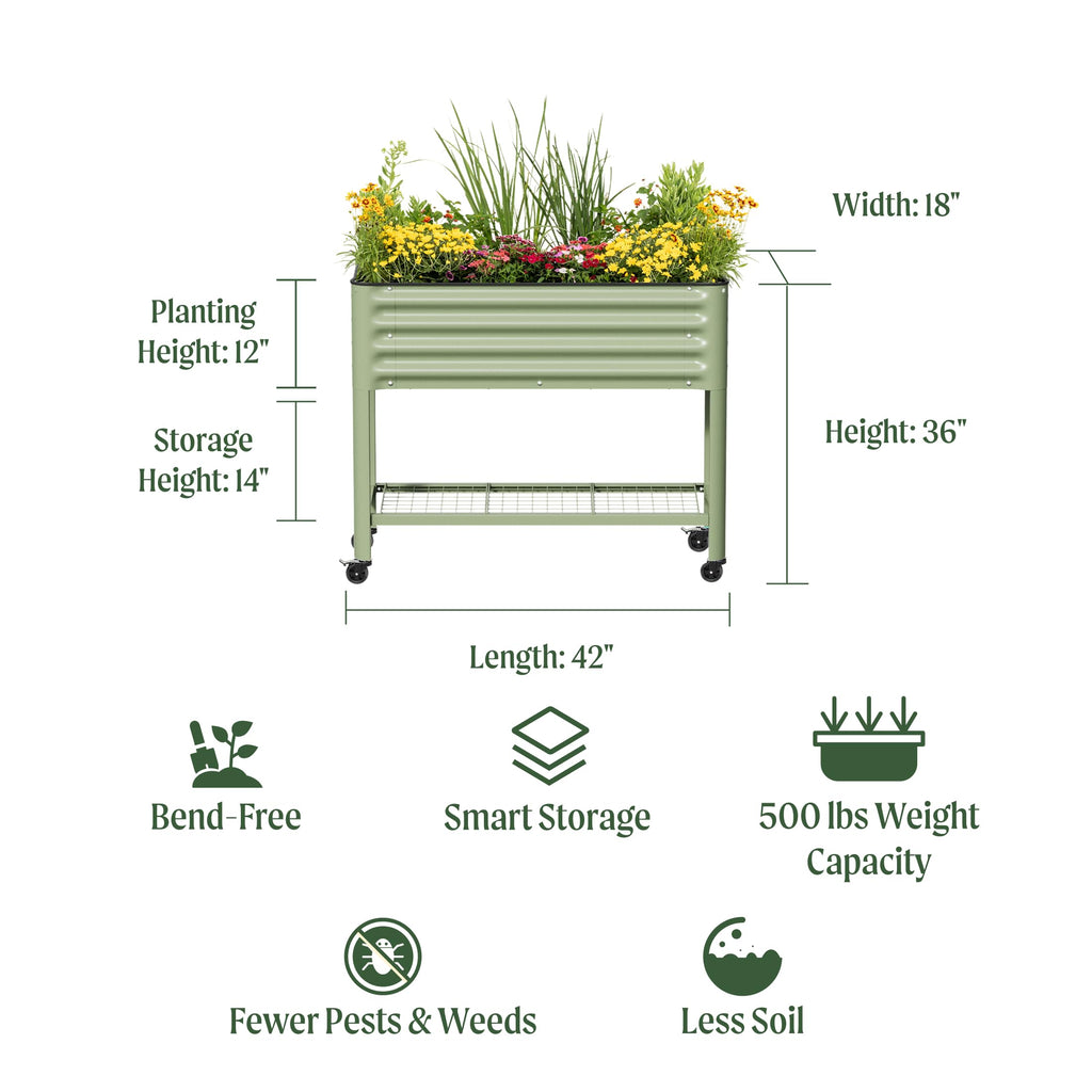 Rolling Elevated Raised Garden Bed, 2' x 4' Outdoor Planters Boxes with Legs & Storage Rack for Patio, 700 Lbs Weight Capacity, Raised Beds for Gardening Herbs Flowers, Pearl White