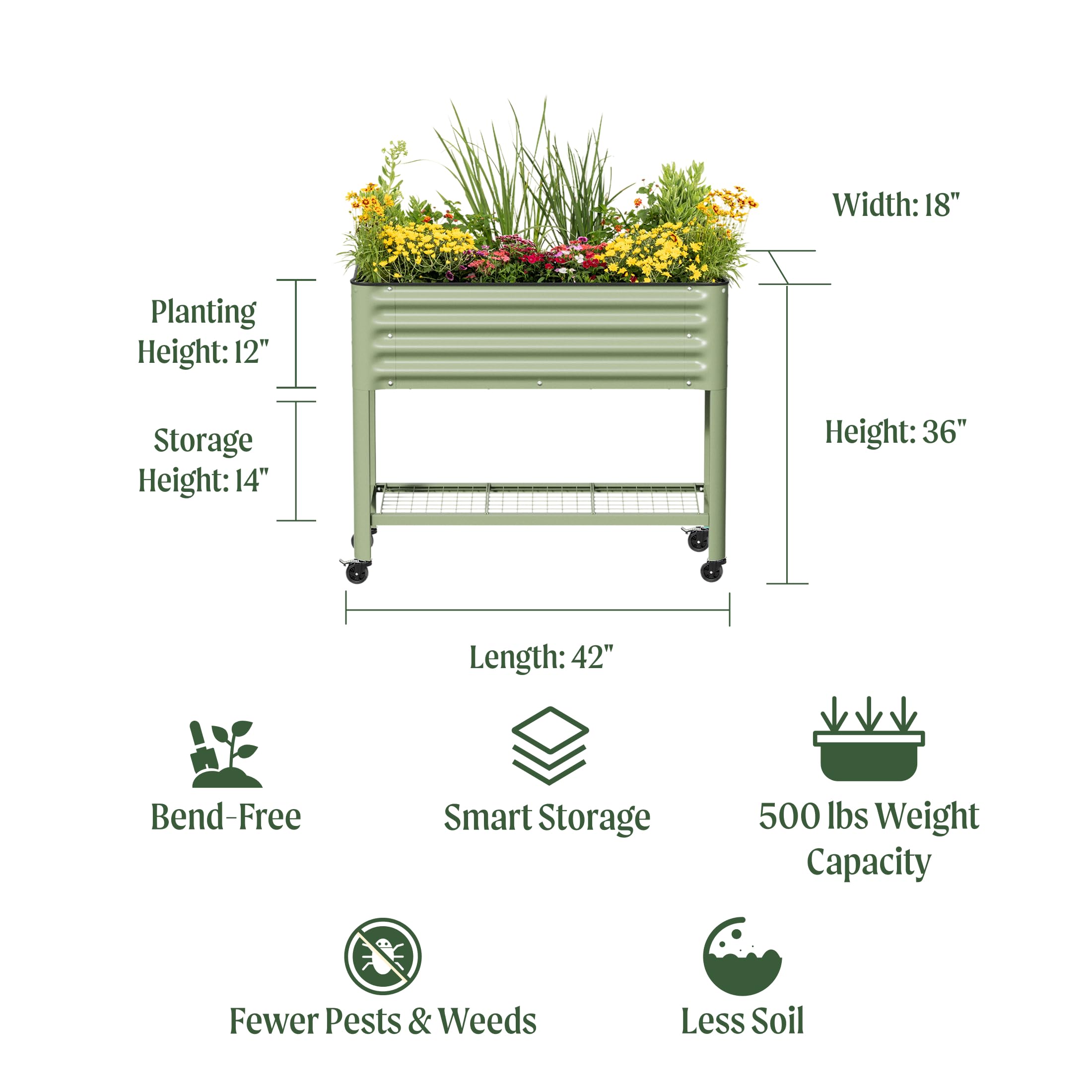 Rolling Elevated Raised Garden Bed, 2' x 4' Outdoor Planters Boxes with Legs & Storage Rack for Patio, 700 Lbs Weight Capacity, Raised Beds for Gardening Herbs Flowers, Pearl White