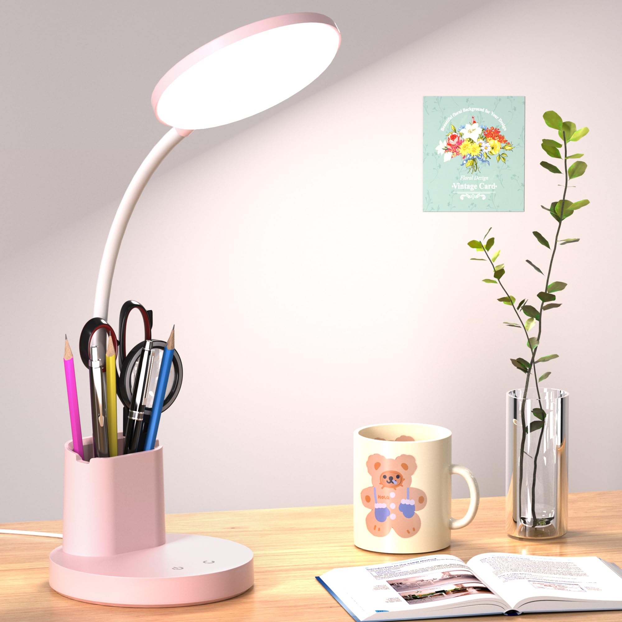 LED Desk Lamp with Wireless Charger for Home Office, Black | 3 Color Modes Dimmable Eye-Caring Study Desk Light for College Dorm Room, 360° Flexible Arm, Built-in Pen Holder, 800 Lumen