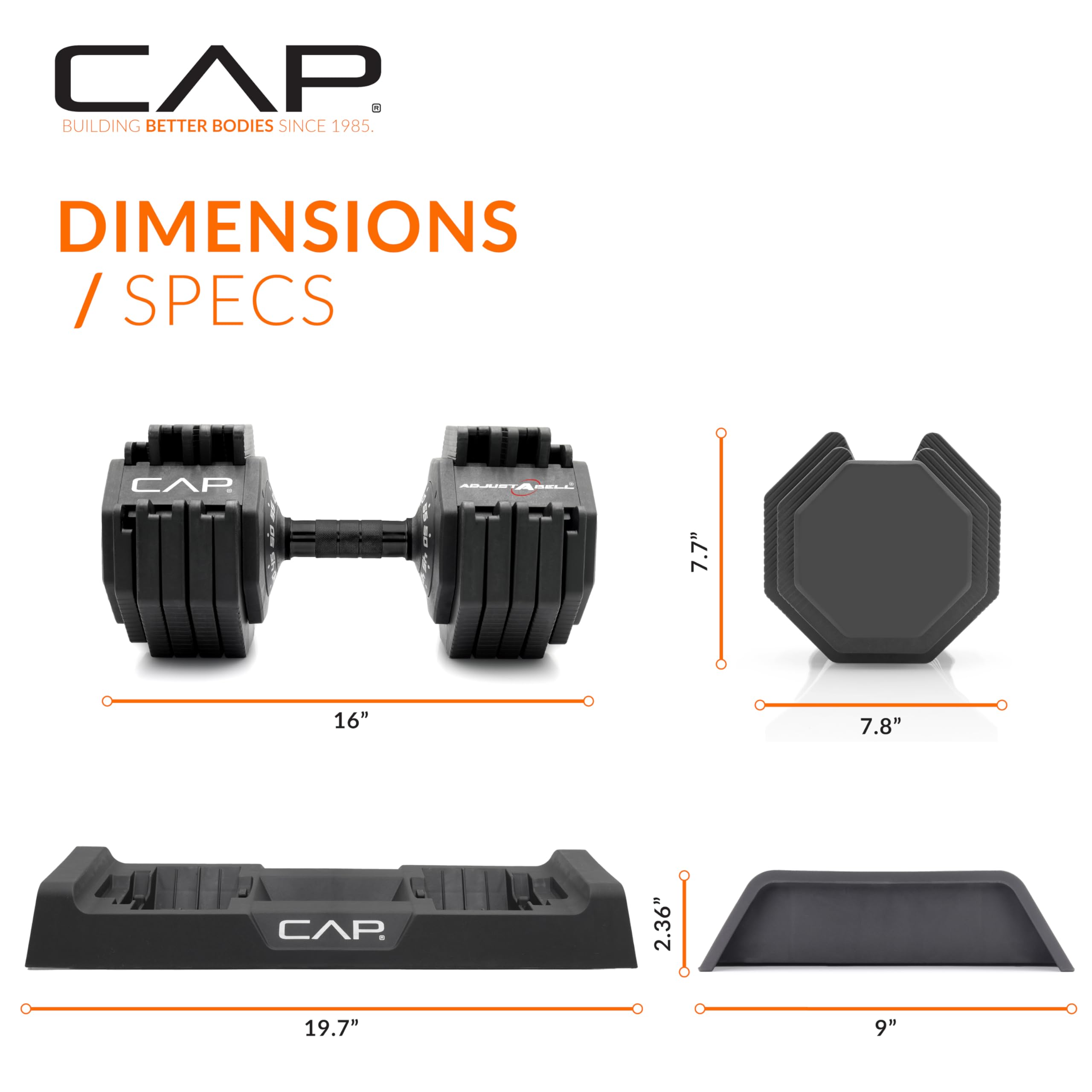 CAP ADJUSTABELL Adjustable Dumbbell Set, Premium Quick Select Adjustable Weights for Strength Training, Singles & Pairs, 12.5 LB, 25 LB & 55 LB, Round & Hex Dumbbells, Multiple Grip Handle Options