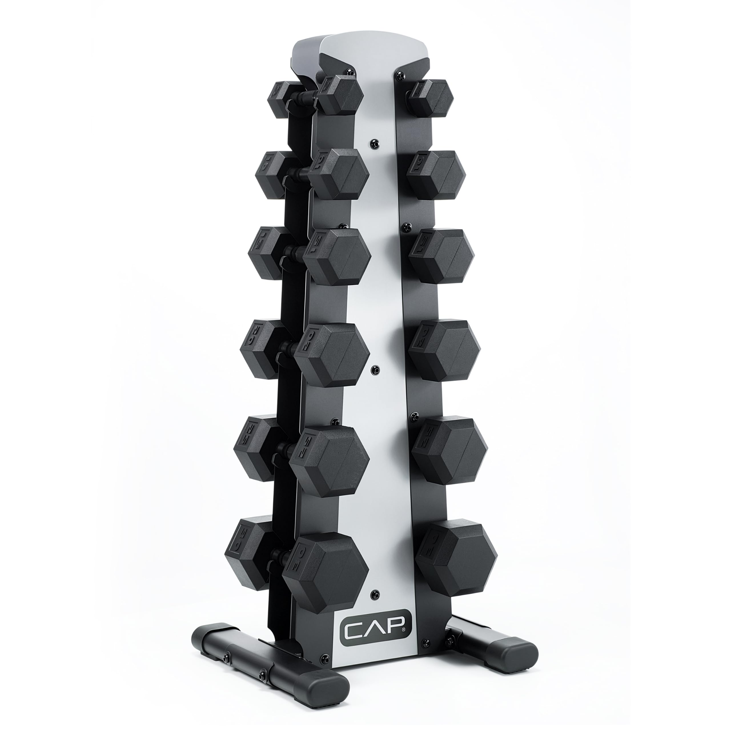 CAP Rubber Coated Hex Dumbbell Set with Storage Rack | 100–210 lb Options, Space-Saving Vertical Compact Storage for Home Gym Strength Training