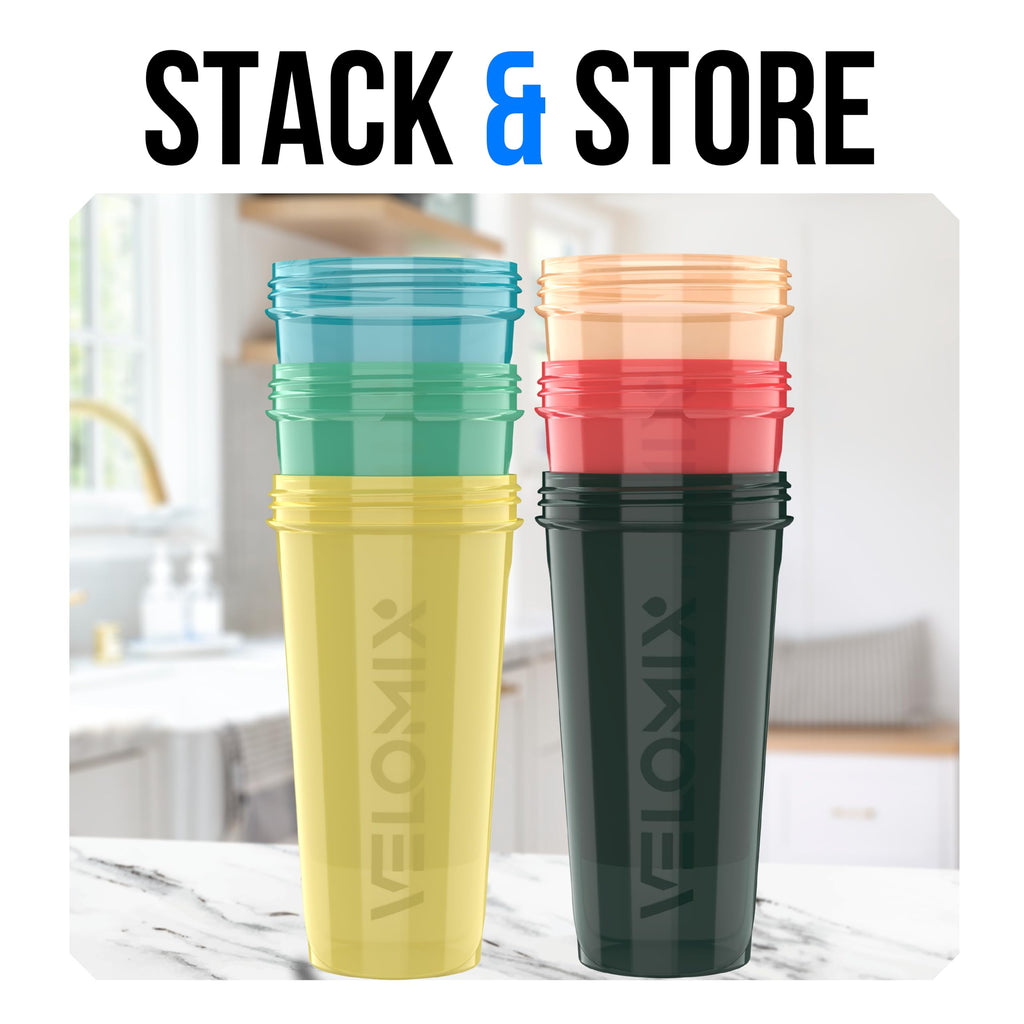 VELOMIX 6 Pack 28 oz Protein Shaker Bottle for Mixes - 6 Wire Whisk Balls | Leak Proof Cups for Supplements | BPA-Free Gym & Fitness (Earth Tones Collection)