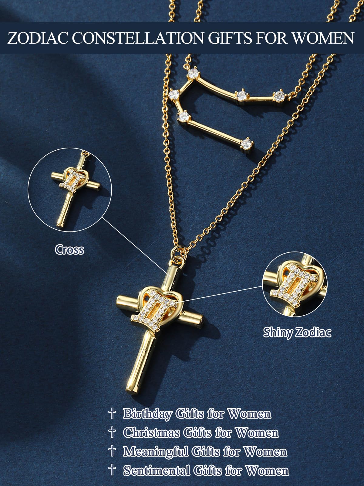 14K Gold Zodiac Cross Layered Necklace for Women - Horoscope Constellation Pendant with Cross,Luxury Anniversary Birthday Mothers Day Gifts Jewelry (12 Zodiac Signs)