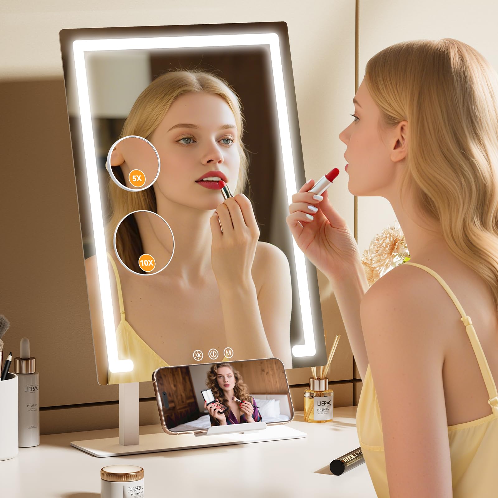 Gospire Lighted Makeup Mirror, Hollywood 4000mAh Rechargeable Vanity Mirror with 5X/10X Magnification, 3-Color Dimmable Lighting, Touch Control, Phone Holder, 11”x16.8” LED Tabletop Mirror for Bedroom