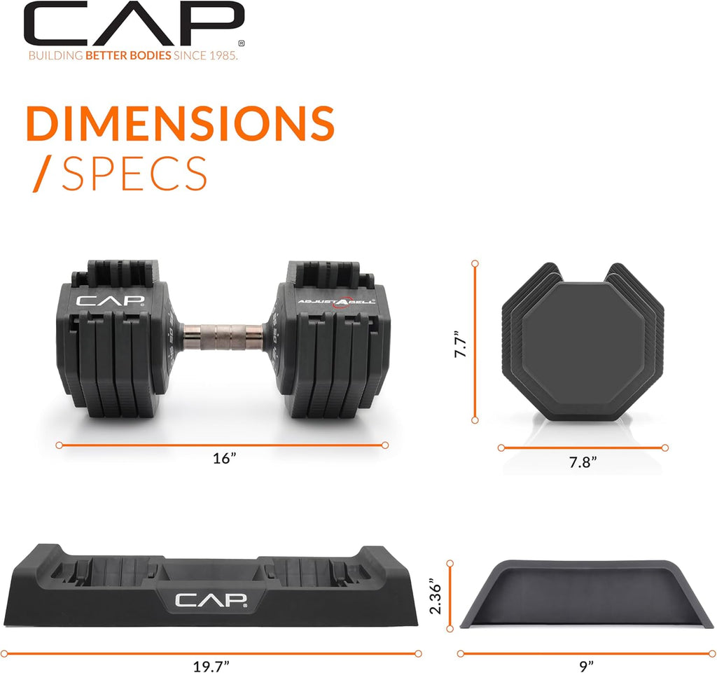 CAP ADJUSTABELL Adjustable Dumbbell Set, Premium Quick Select Adjustable Weights for Strength Training, Singles & Pairs, 12.5 LB, 25 LB & 55 LB, Round & Hex Dumbbells, Multiple Grip Handle Options