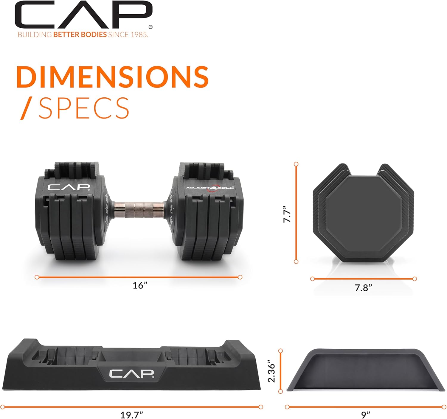 CAP ADJUSTABELL Adjustable Dumbbell Set, Premium Quick Select Adjustable Weights for Strength Training, Singles & Pairs, 12.5 LB, 25 LB & 55 LB, Round & Hex Dumbbells, Multiple Grip Handle Options