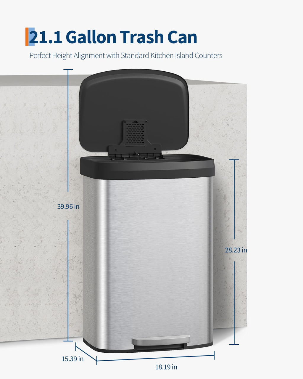 Garvee 13 gal / 50 L Stainless Steel Trash Can with Lid, Large Garbage Can for Kitchen, Rustproof Step-on Kitchen Metal Trash Bin with Liner Rim, Rear Handle, Soft Close Plastic Lid, Silver
