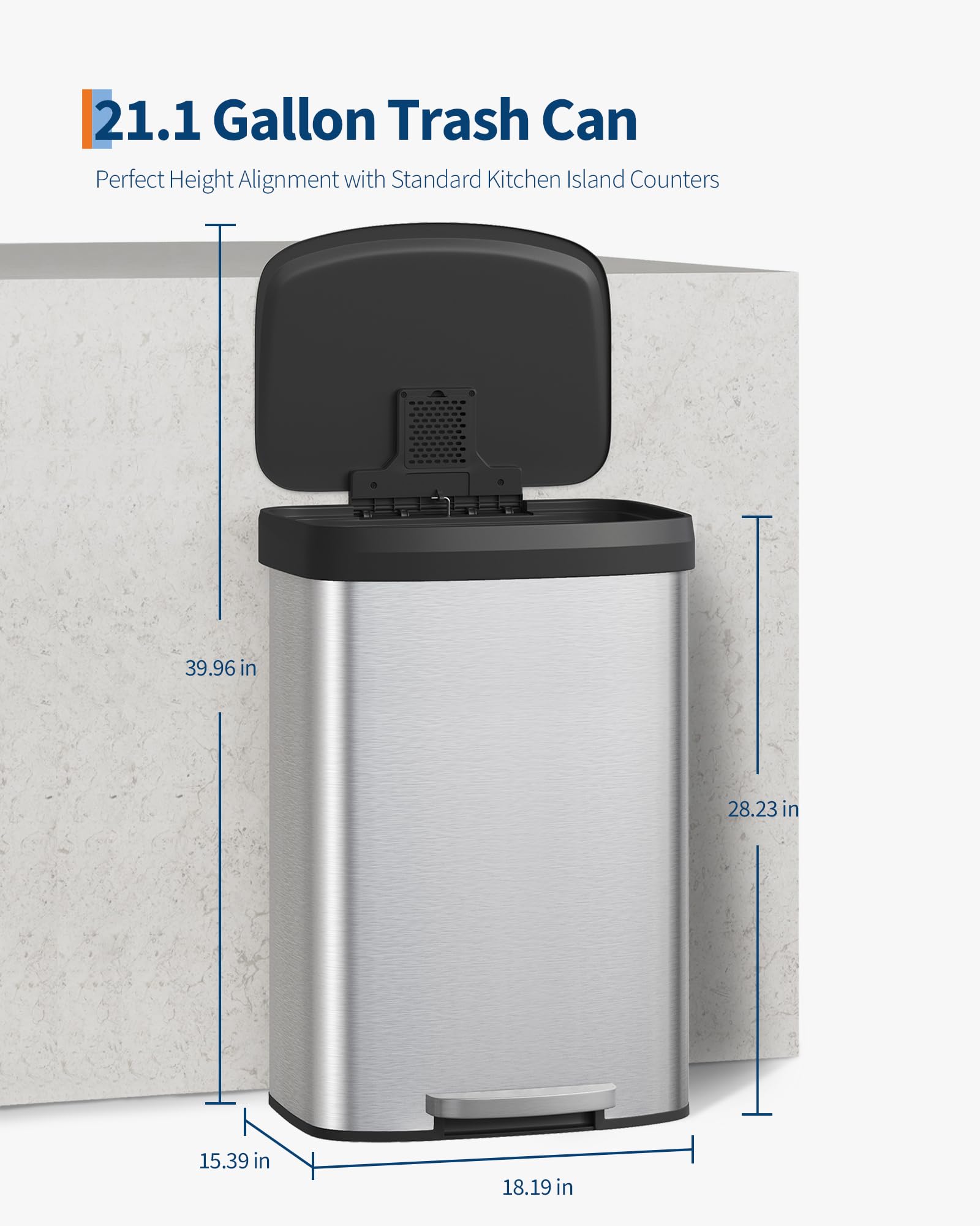 Garvee 13 gal / 50 L Stainless Steel Trash Can with Lid, Large Garbage Can for Kitchen, Rustproof Step-on Kitchen Metal Trash Bin with Liner Rim, Rear Handle, Soft Close Plastic Lid, Silver