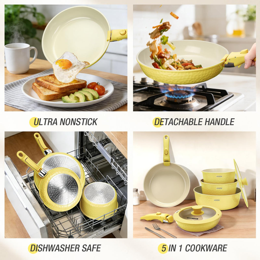 pots and Pans Set, Ceramic Nonstick Cookware Set Detachable Handle, Induction Kitchen Cookware Sets with Removable Handle, Non Stick RV Cookware Set, Dishwasher ＆ Oven Safe