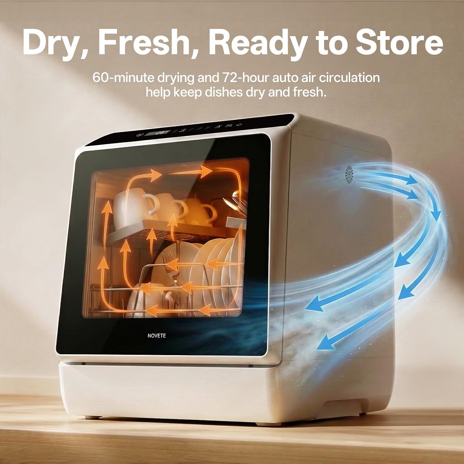 NOVETE Portable Countertop Dishwashers, Compact Dishwashers with 5L Built-in Water Tank & Inlet Hose, 5 Washing Programs, Baby Care, Air-Dry Function and LED Light for Small Apartments