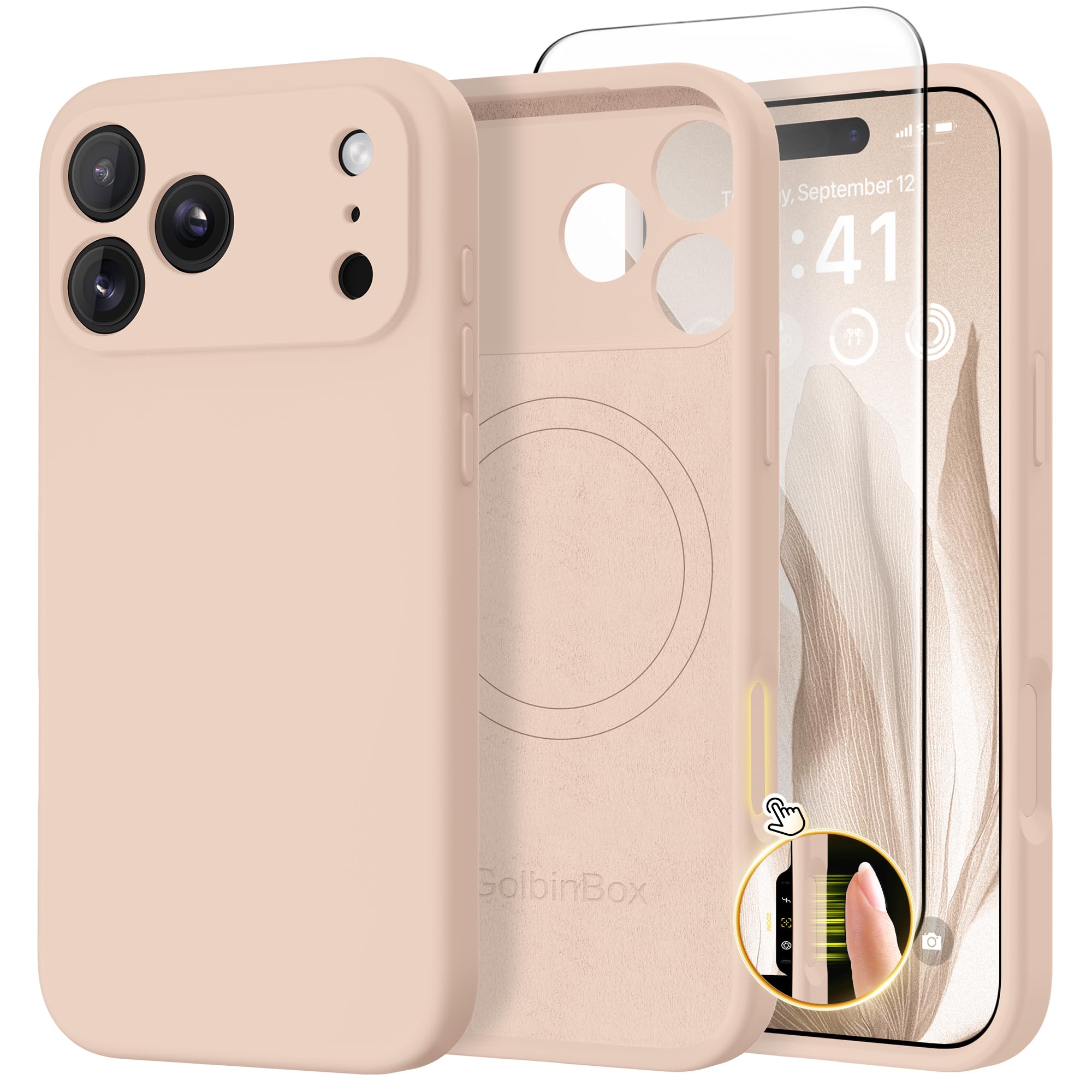 GolbinBox Magnetic for iPhone 17 Pro Max Case, Compatible with MagSafe, [Full Camera Protection] [Screen Protector], Silicone Shockproof Phone Cover with Anti-Scratch Microfiber Lining, Chalk Pink