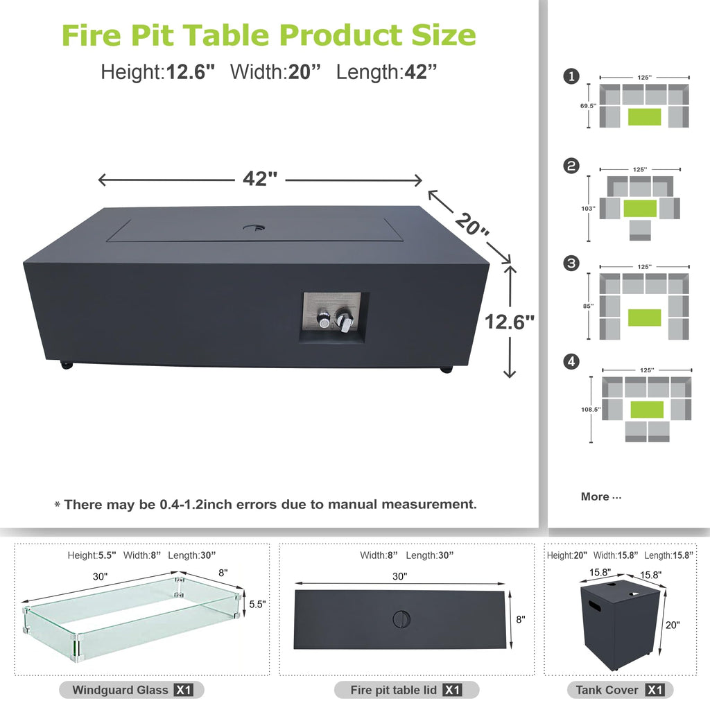 SUNPEAK 42" Modern Fire Pit Table with LED Light 50,000 BTU Deck Fire Pit Table Includes Wind Guard, Lid, Rocks & Cover - Propane Gas Patio Fireplace, Chimenea para Patio (Grey/Golden Light, 42" LED)