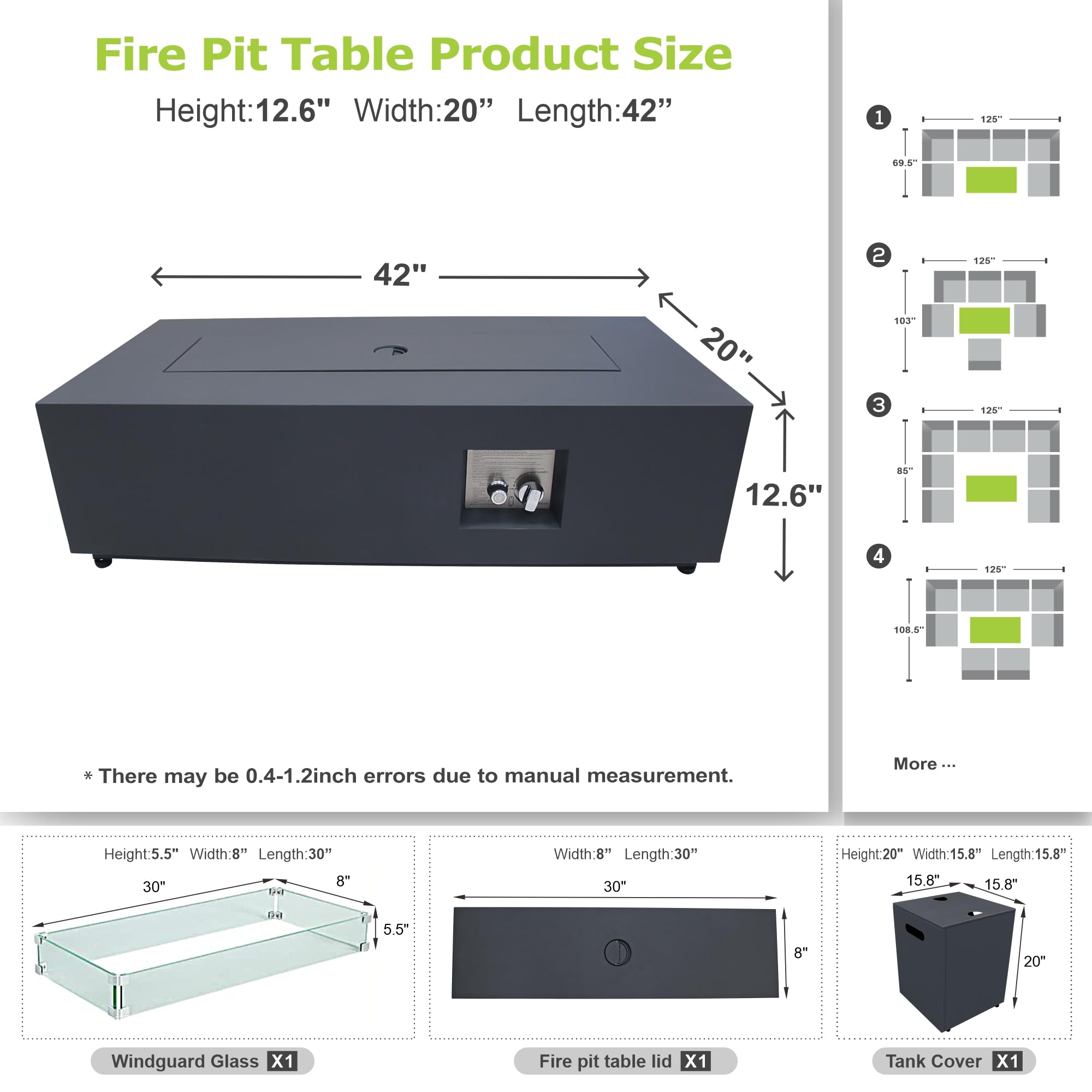 SUNPEAK 42" Modern Fire Pit Table with LED Light 50,000 BTU Deck Fire Pit Table Includes Wind Guard, Lid, Rocks & Cover - Propane Gas Patio Fireplace, Chimenea para Patio (Grey/Golden Light, 42" LED)