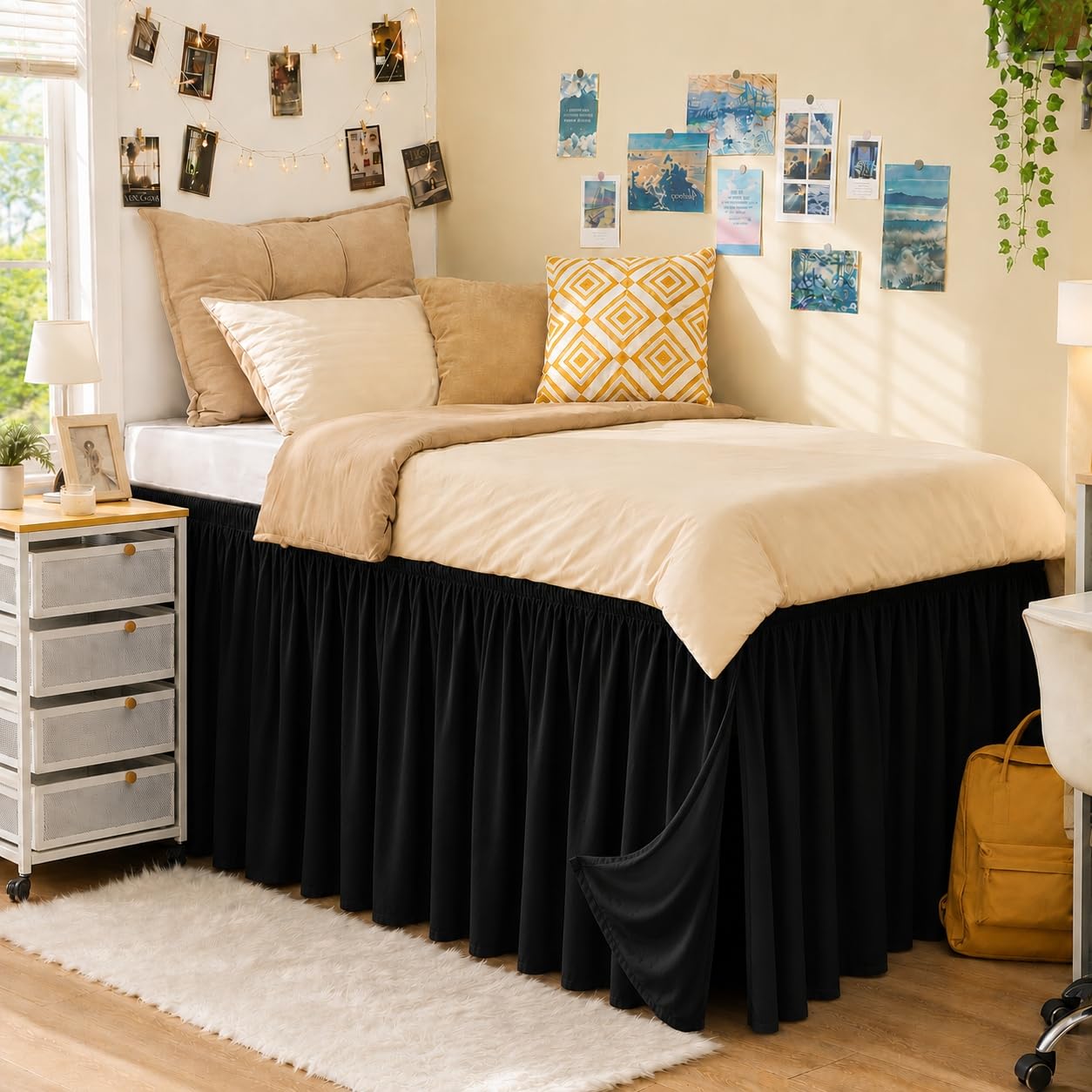 RIMELA Dorm Bed Skirt Twin XL 32 Inch Drop, Easy to Install Extra Long Wrap Around Elastic Dust Ruffle, White Bedskirt Solid Silky Fabric Machine Washable, Bedroom Decor