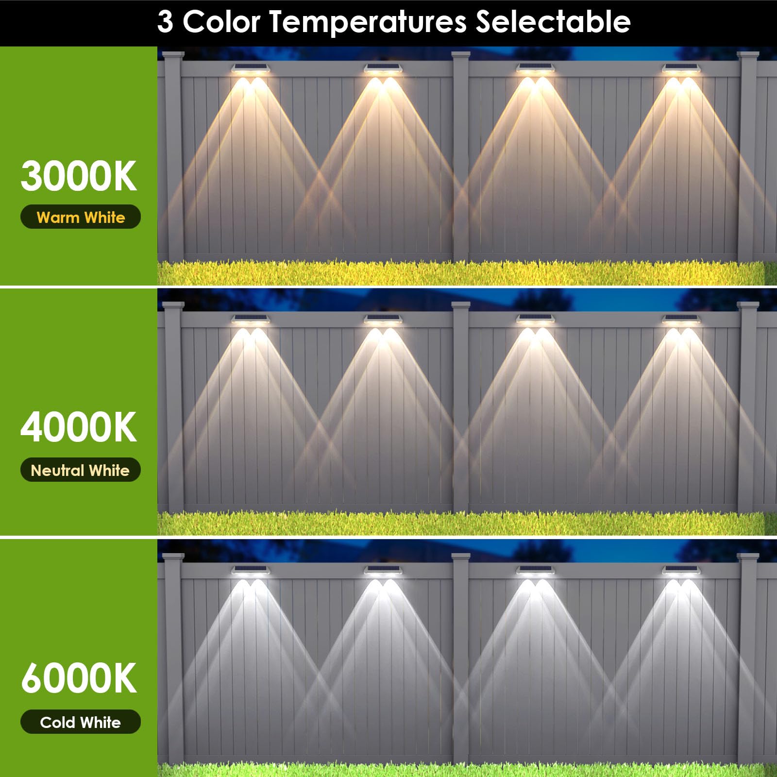 Solar Fence Lights Outdoor - 2700/4000/6000K 3 Mode, 8 Pack Solar Fence Lights Outdoor Waterproof LED, Fence Light Solar Powered for Outside, Backyard, Railing, Step, Patio,Wall and Home Improvement